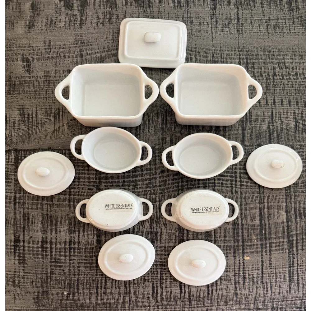 White Essentials Mini Cocotte Style Dishes 6 Ceramic Pots 5 Lids White